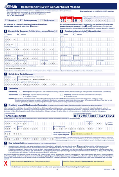 Bestellschein, ausgefüllt mit Schreibmaschinenschrift